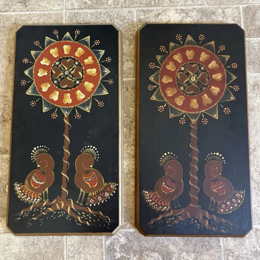 Vtg Hand Painted Wood Wall Plaque Rustic Folk Art Tree Life Birds Matching Set
